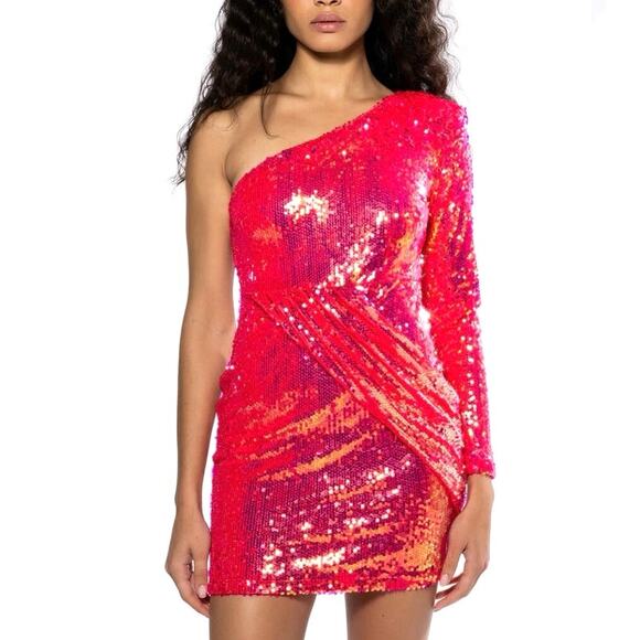 NEW Akira Maximum Sequin One Shoulder Mini Dress Sz L Iridescent Hot Pink Party - Picture 1 of 13